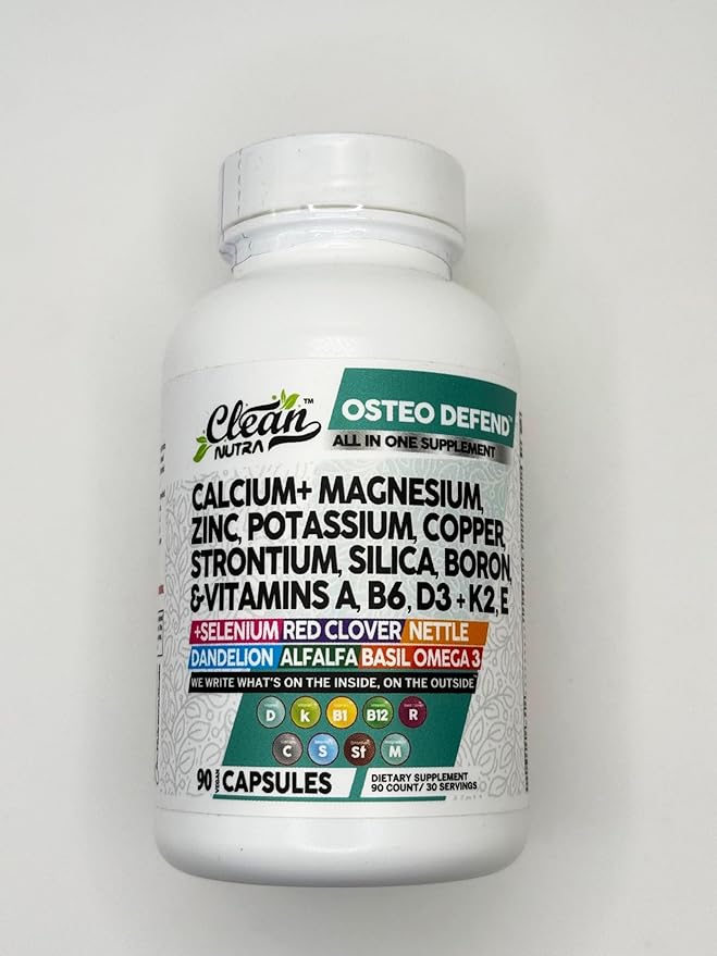 Clean Nutraceuticals Calcium Magnesium Zinc Supplement with Potassium, Copper, Strontium, Silica, Vitamin D3 K2, Boron, Vitamin B1 B12 Red Clover Herb Alfalfa Basil Pills for Men & Women Osteo Defend