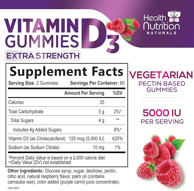 Vitamin D3 Gummies Extra Strength 5000 IU (125 mcg) - Immune Support, Bone, Teeth and Muscle Vitamin D Gummy Dietary Supplement, Nature's Berry Vitamin D Supplement, Raspberry, Non-GMO - 120 Gummies