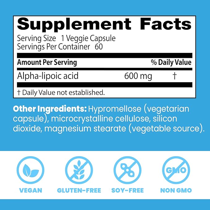 Doctor's Best Alpha-Lipoic Acid 600, Supports Antioxidant Function & Glycemic Balances, Non-GMO, Gluten Free, Vegan, Soy Free, 600 mg, 60 Veggie Caps