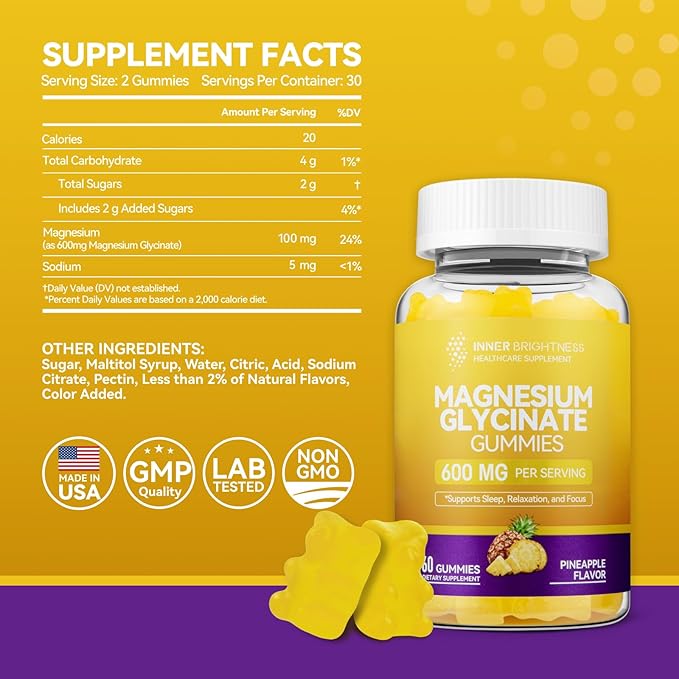Magnesium Glycinate Gummies - Magnesium Gummies for Adults, for Sleep, Relaxation & Focus, Non - GMO, Gluten - Free, Mixed Berry and Pineapple Flavors, 120 Count (60 of Each)