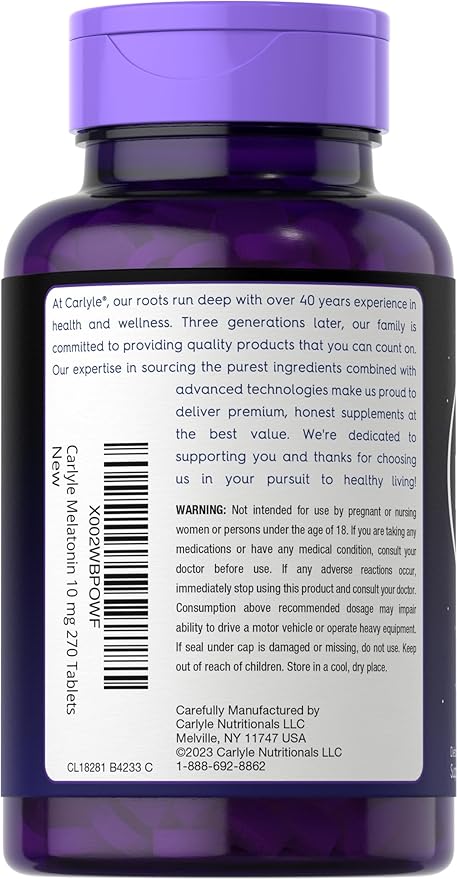 Carlyle Melatonin 10mg | 270 Tablets | with L-Theanine | Vegetarian, Non-GMO, Gluten Free Supplement
