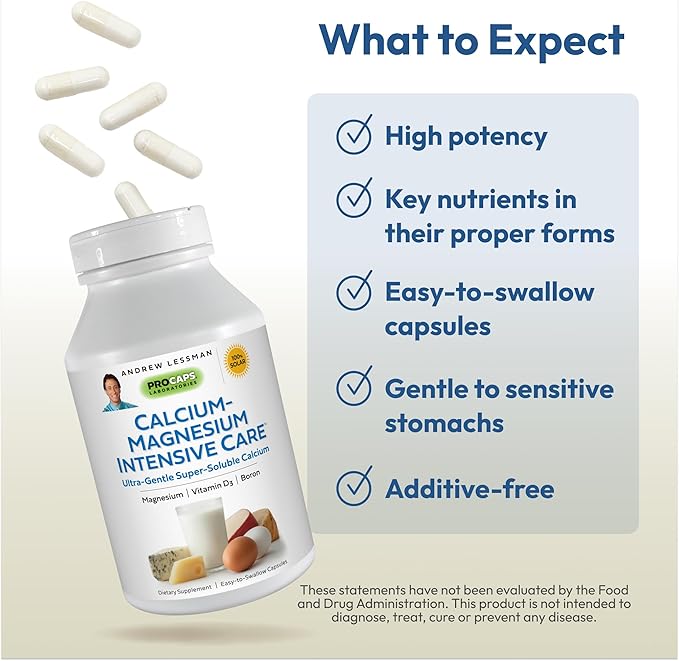 ANDREW LESSMAN Calcium Magnesium Intensive Care 60 Capsules - Bone and Skeleton Health Essentials. Easy to Swallow Capsules, Super Soluble Fine Powder. Gentle to Even The Most Sensitive Stomachs