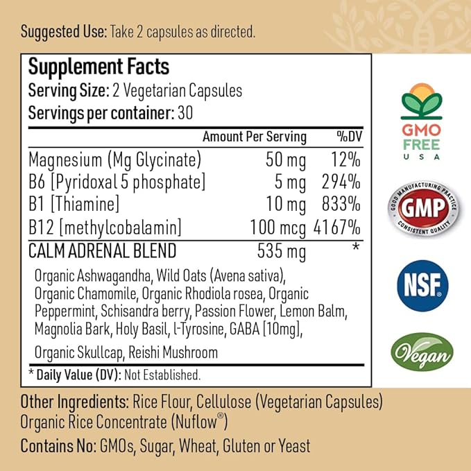 Zen Calm Stress Adrenal Support Supplement Organic Adaptogenic Herbs - Magnesium, B Vitamins, GABA & More to Support a Natural Calm. Non-Drowsy. Non-GMO (60 Veggie Caps)