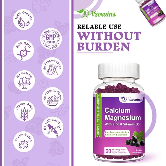 High Absorption Calcium Gummies, Calcium Magnesium Zinc with Magnesium Glycinate, Potassium, Vitamin D3 for Women & Men- Blueberry Flavor 120 Cts