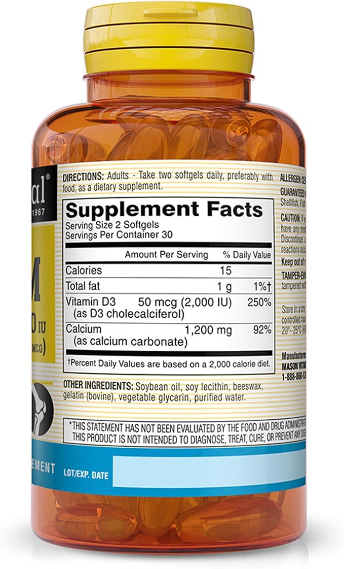 Mason Natural Calcium 1,200 mg with Vitamin D3 50 mcg (2,000 IU) - Immune Support & Bone Health*, Gluten Free, 60 Softgels