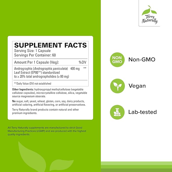 Terry Naturally Andrographis EP80 Extra Strength - Brain Health & Immune Support - Joint Health Support to Aid Mobility - Adaptogen Supplement for Energy & Liver Support - 60 Capsules (Pack of 2)