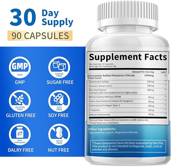Glucosamine Chondroitin MSM Capsules,Glucosamine 1500mg with Collagen, Turmeric, Joint Supplements for Men,180 Capsules
