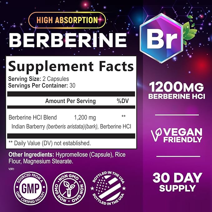 Premium Berberine HCL 1200mg Supplement - Berberine HCI Capsules High Absorption Supplement for Heart Health & Immune Support, High Strength, Gluten-Free, Vegan, Non-GMO Pills - 60 Veggie Capsules
