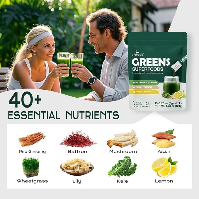 Greens Superfood Powder Packets, 0 Sugar, 40+ Superfoods Drink Mix, Fiber, Prebiotics, Red Ginseng & Saffron, Daily Live It Up Super Greens Powder, Immune Support & Energy, Unflavoured, 15 Packets