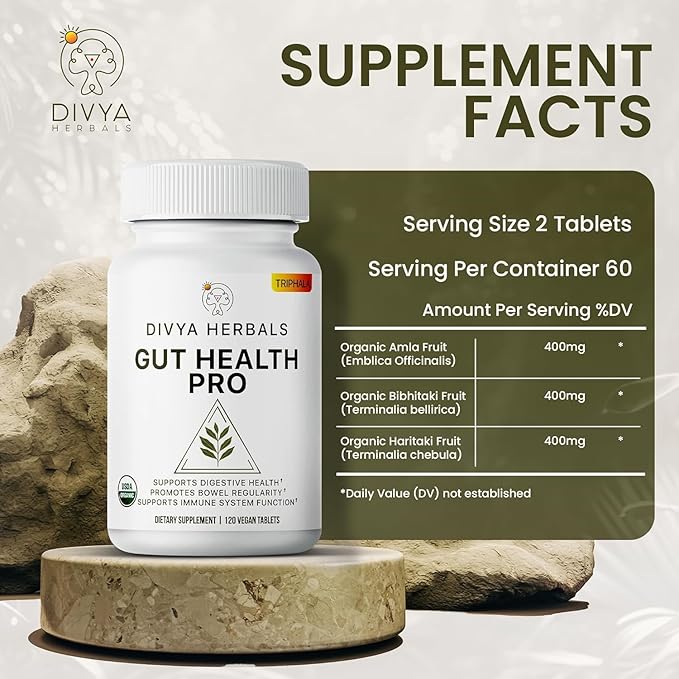 Gut Health Pro - Bloat Relief, Detox & Digestive Support - 100% Pure Organic Triphala Supplement - for Women & Men - Uncoated Vegan Tablets -120Ct