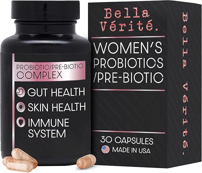 Bella Vérité. Probiotic & Prebiotic Complex - Support Women's Digestive & Gut Health - 3.45 Billion CFU Lactobacillus Probiotics for Clearer Skin - Daily Probiotic Supplement (30 Vegetarian Capsules)