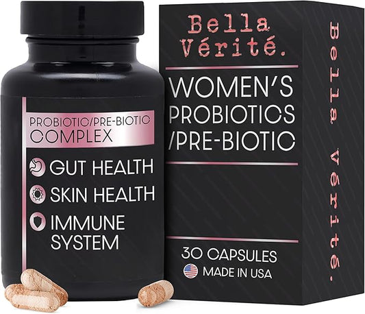 Bella Vérité. Probiotic & Prebiotic Complex - Support Women's Digestive & Gut Health - 3.45 Billion CFU Lactobacillus Probiotics for Clearer Skin - Daily Probiotic Supplement (30 Vegetarian Capsules)