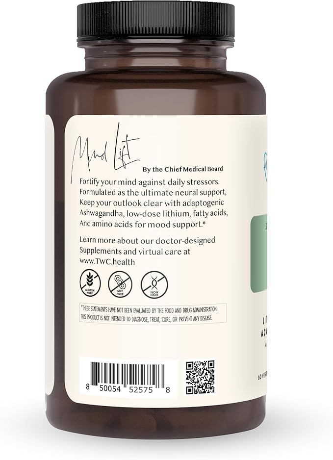 The Wellness Company Mind Lift | 60 Capsules (1 Month Supply) | Supports Healthy Mood with Lithium, Ashwagandha, DHA, and GABA | Non-GMO, Gluten-Free | Stress Management and Cognitive Support