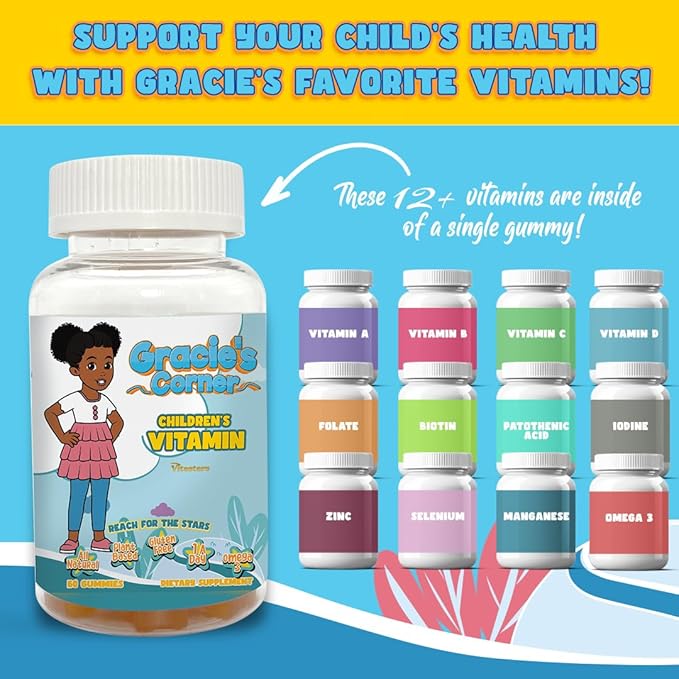 Gracie's Corner Stars Kids Multivitamin Gummies with Omega 3, Selenium, Vitamins A, B, C, D, Plant Based Multi Vitamins for Children, Manganese, 60 Star Shaped Gluten Free Gummies
