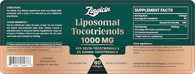Vitamin E Tocotrienols - Liposomal Vitamin E Oil 1000mg, Highly Absorbable Delta Tocotrienol and Gamma Tocotrienol, 60 Softgels