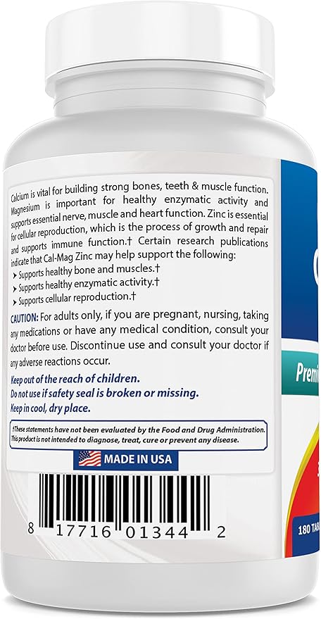 2 Packs - Best Naturals Calcium Magnesium Zinc - 180 Tablets - Essential Cal Mag Zinc Mineral Complex (Total 360 Tablets)