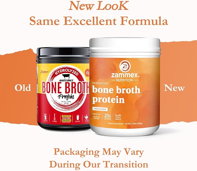 Zammex Pure Grass Fed Beef Bone Broth Protein Powder,20g Protein, Hydrolyzed Collagen Supplement for Healthy Skin,Nails,Hair,Joints, Non-GMO,Gluten Free,Paleo & Keto Friendly, Great in Soup