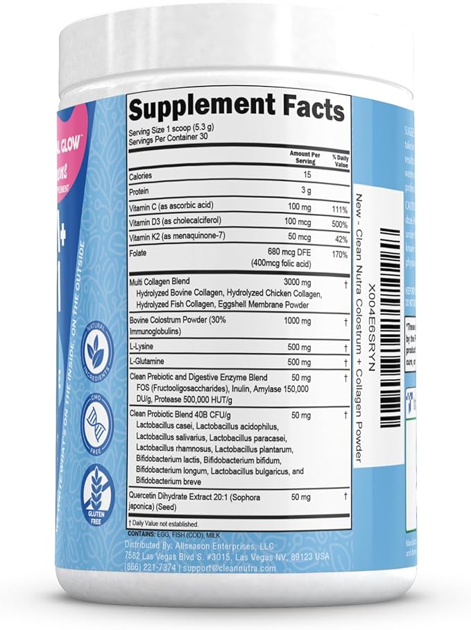 Bovine Colostrum+Collagen Peptides Powder| L-Glutamine L-Lysine Prebiotics Probiotics Digestive Enzymes Vitamin D K2 Vitamin C Quercetin & Folate|Gut Health Supplement Internal Glow By Clean Nutra (1)