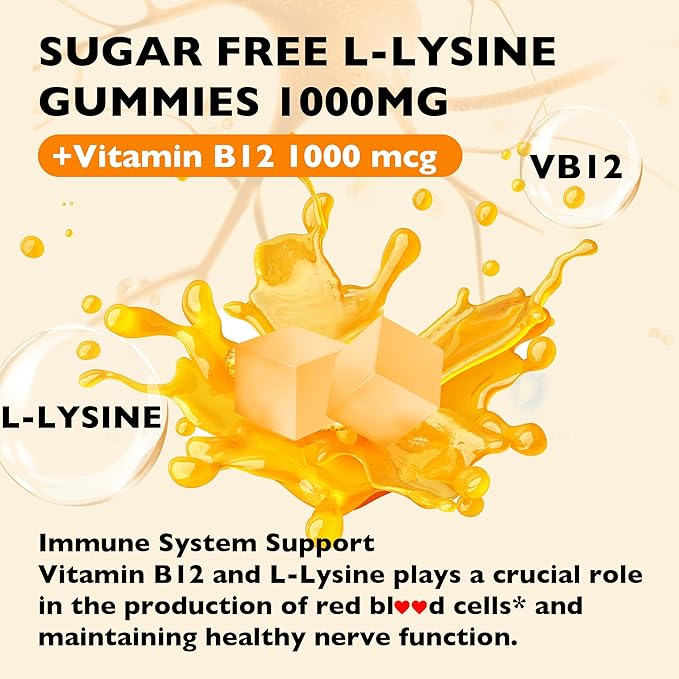 L-Lysine Gummies 1000mg - L-Lysine Supplements for Kids and Adults - Lip and Cold Sore* Support for Women - Chewable Lysine Gummies with Vitamin B12 - Vegan, Non GMO, Gluten-Free, 60 Counts