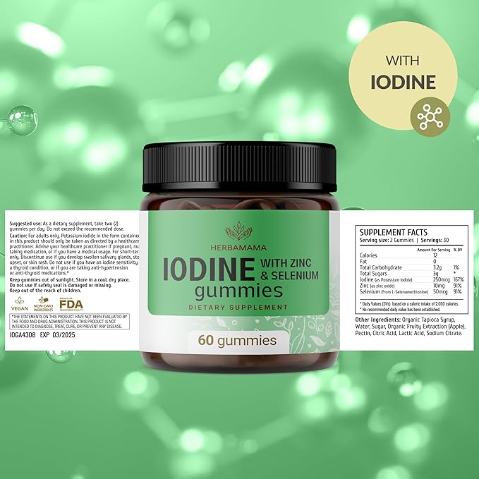 HERBAMAMA Iodine Gummies - Potassium Iodine, Zinc & Selenium for Immune Defense & Brain Support - Vegan, Non-GMO Immune Support Supplement - 60 Pectin-Based Apple-Flavored Chews