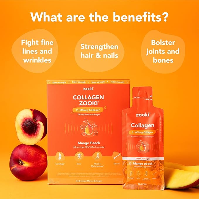 Zooki Super Strength Marine Collagen Liquid Sachets 11,000mg – Great Taste, Sugar Free – Highest Strength Marine Collagen Supplements for Women & Men – Skin, Joints & Hair (Mango Peach, 14 Servings)