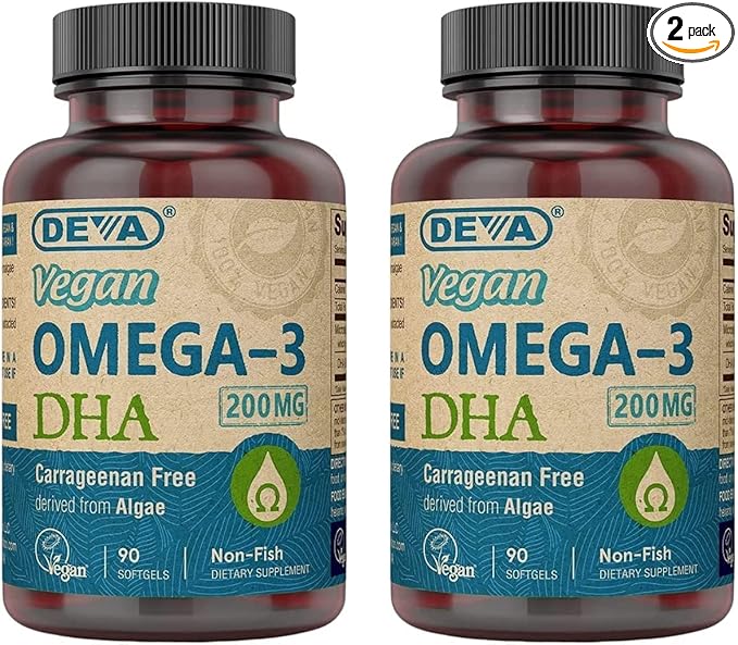 DEVA Vegan Omega-3 DHA Supplement - Once-Per-Day Softgels 200 MG - Carrageenan Free - Gelatin Free - Non-Fish - Algae Oil Omega-3 Fatty Acids - 90 Softgels (Pack of 2)