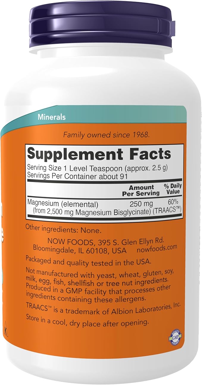 NOW Foods Supplements, Magnesium Bisglycinate Powder, Enzyme Function*, Nervous System Support*, 8-Ounce
