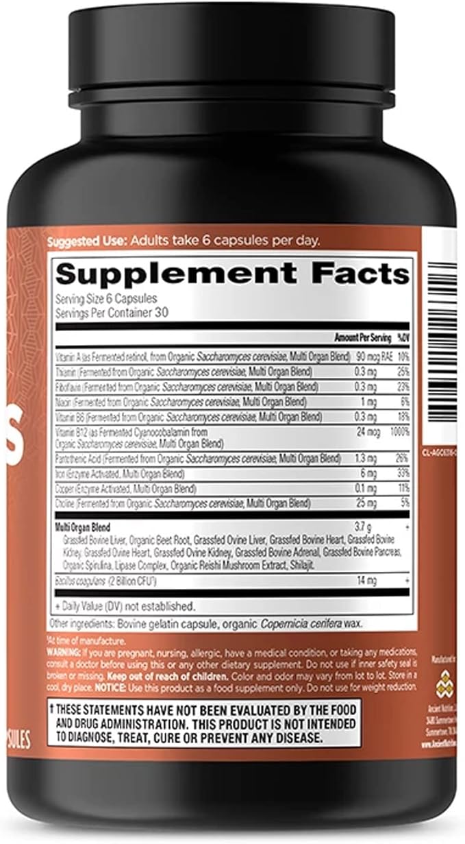 Ancient Nutrition Organ Supplements, Grass-Fed and Wild Organ Complex Capsules, Liver, Heart, Kidney Supports Organ, Cognitive, and Immune System Health, 180 Ct