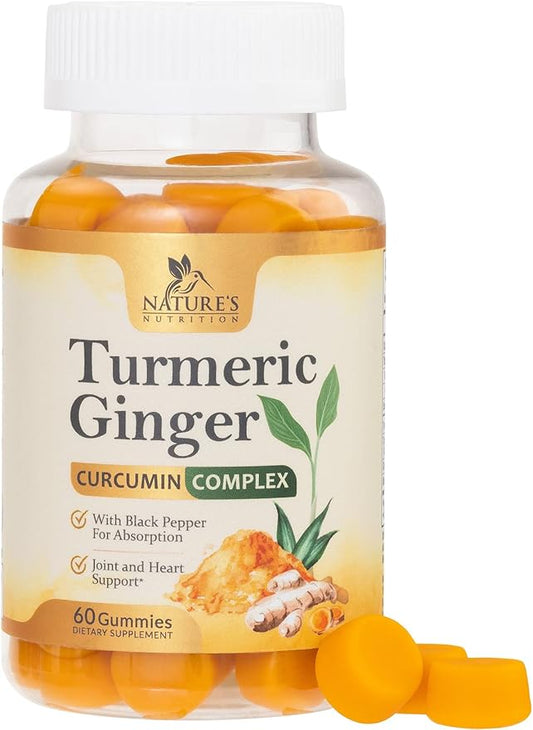 Turmeric Gummies with Black Pepper & Ginger for Best Absorption, 95% Curcuminoids Tumeric Curcumin Gummy, Nature's Herbal Extract Joint Support Supplement, Vegan Non-GMO, Peach Flavor - 60 Gummies