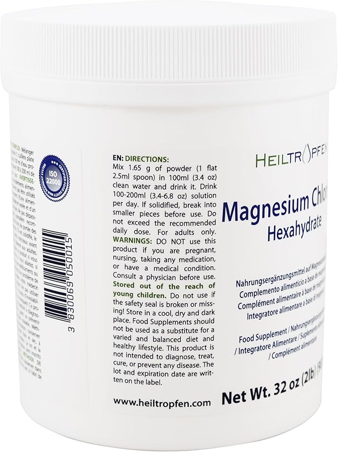2 Pounds Magnesium Chloride Hexahydrate | Pharmaceutical Grade Ingredients | Crystal Powder | Pure Ph. EUR., BP, USP, 100% | Heiltropfen®