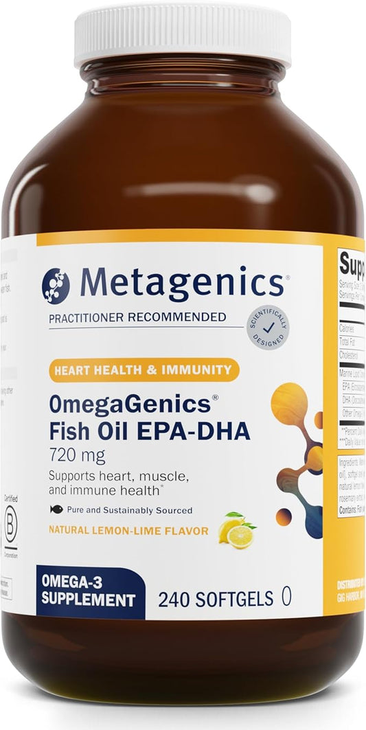 Metagenics OmegaGenics Fish Oil EPA-DHA 720 mg - Omega-3 Fish Oil Supplement - High Potency - for Heart Health, Musculoskeletal Health & Immune System Health* - with DHA & EPA - 240 Softgels