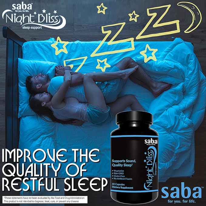 Saba Night Bliss Natural Sleep Aid | Non-Habit Forming | Sleep Supplement for Longer Sleep & Stress Relief w/Magnesium, Melatonin, GABA, Chamomile, & Valerian (60 Vegan Capsules, 30 Day Supply)