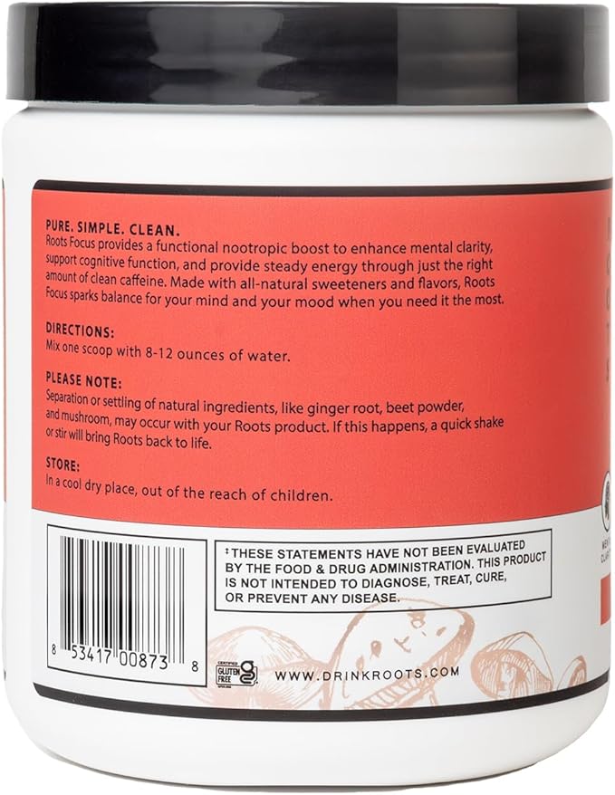Roots Focus Nootropic Brain Supplement - Strawberry Watermelon, Blend of Lion's Mane, Cordyceps, & Reishi Functional Mushrooms + Extended-Release Caffeine, 50 Servings