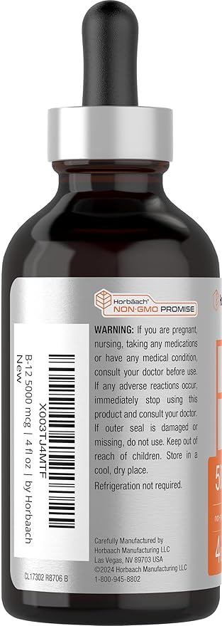 Horbaach B-12 | 5000mcg | 4oz | Berry Flavor Fast-Acting Sublingual Liquid Vitamin B12 | Vegetarian, Non-GMO & Gluten Free Formula