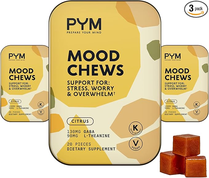 PYM Citrus Mood Chews Support for Stress, Worry & Overwhelm, 60 Count | 130mg GABA, 90mg L-Theanine | Vegan, Non-GMO, Gluten-Free, No Added Sugar | All-Natural Mood Balance Supplement Made in USA