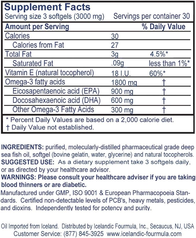 Icelandic Fourmula Quadruple Strength Omega-3 Fish Oil 3000mg High DHA & EPA 90 Softgels