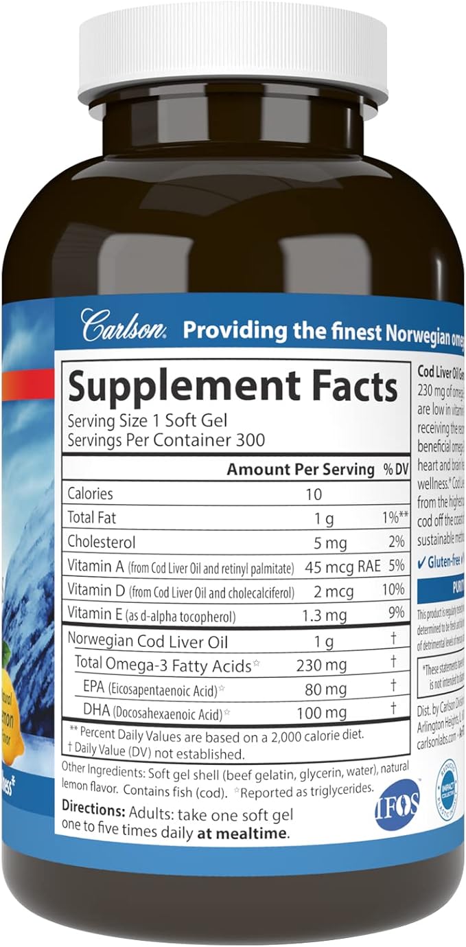 Carlson - Cod Liver Oil Gems, Low Vitamin A, 230 mg Omega-3s, Norwegian, Wild Caught, Sustainably Sourced, 300 Softgels