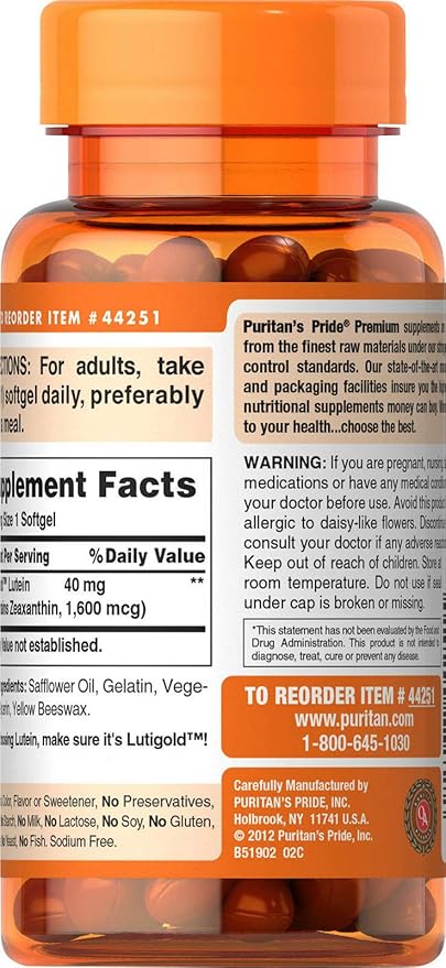 Puritan's Lutigold Lutein 40mg Zeaxanthin 1600 mcg 60 Softgels Free USA Shipping