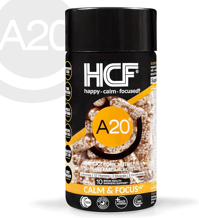 HCF A20 Microbead Brain Health Supplements for Adults for Memory, Focus, Calm, Mood, Alertness, Attention, Vision, Sleep, Immune System, 20 Premium Nootropic Nutrients Multivitamin & 7 Advances® Tech