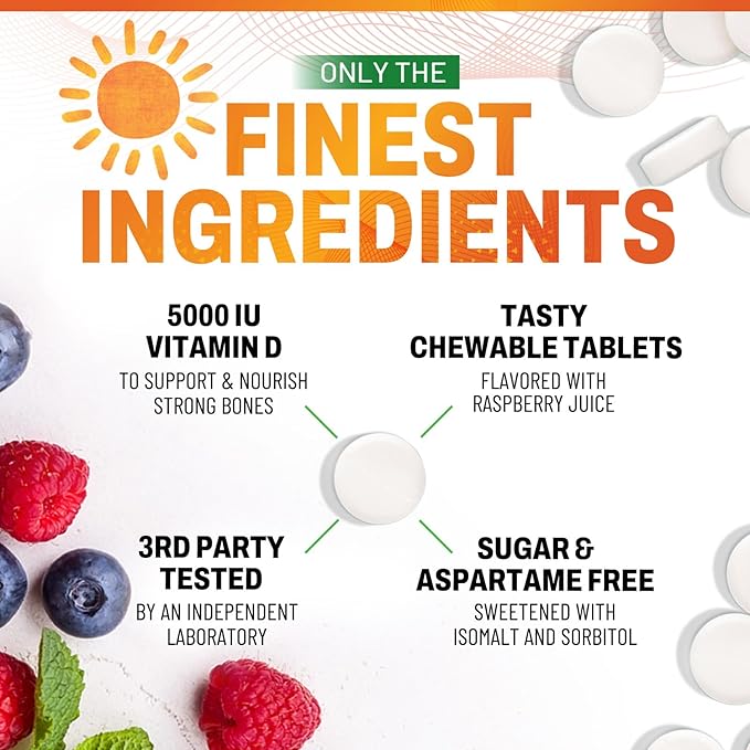Vitamin D3 5000iu (125 mcg) Immune Health Support - High Potency Vitamin D Dietary Supplement for Bone, Teeth, Muscle - Nature's VIT D, Vegan, Gluten Free, Raspberry Flavor - 60 Chewable Tablets