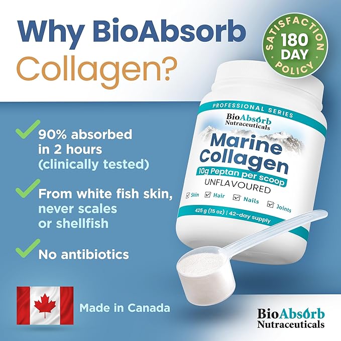 Bio Absorb Marine Collagen Powder, Extra Strength w/Peptan (Type 1 Hydrolyzed Collagen Peptides), 15 oz, 42-Day Supply
