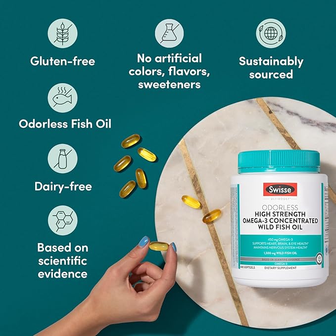 Swisse Wild Fish Oil Omega 3 Supplements for Women and Men | EPA DHA Fish Oil Supplements | Odorless - Helps Support Brain, Eye and Heart Health | High Strength 1500 mg | 400 Softgel Pills