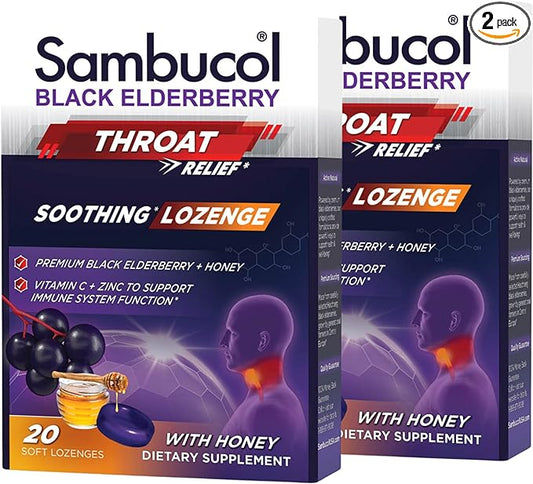 Sambucol Black Elderberry Throat Lozenge - with Honey, Vitamin C & Zinc, Elderberry Lozenges Sore Throat & Cough, Soothes Scratchy Throat, Supports Immunity, Soft & Chewy - 20 Count, 2-Pack