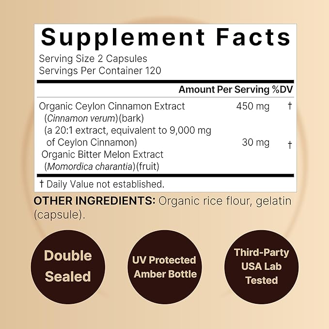 NatureBell Ceylon Cinnamon 9,000mg Per Serving, 240 Capsules | Made with Organic Sri Lanka Ceylon Cinnamon and Organic Bitter Melon, 2 in 1 Support – Non-GMO, No Gluten