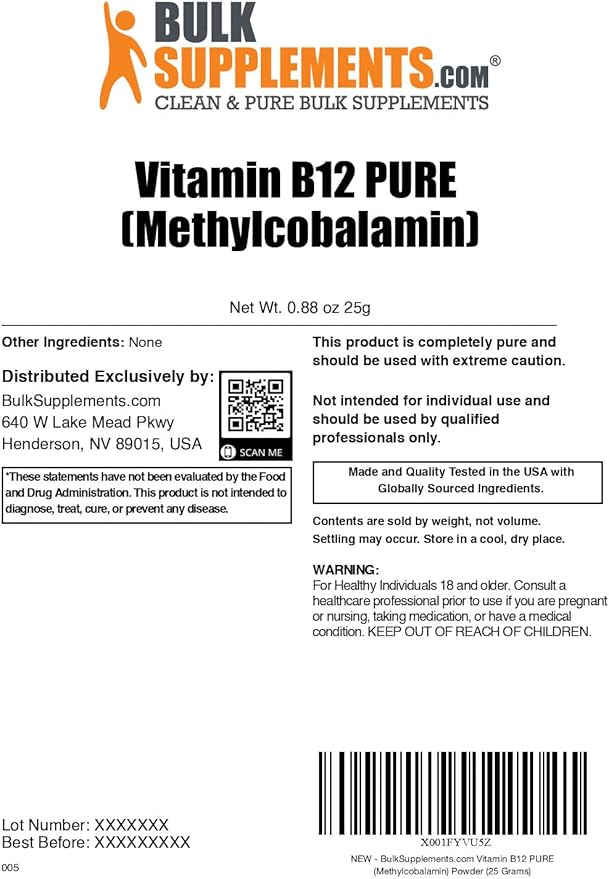 BulkSupplements.com Pure Vitamin B12 Methylcobalamin Powder - Vitamin B12 Supplements - Pure Product, Multiple Servings, 25g (0.88 oz) (Pack of 1)