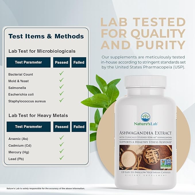 Nature's Lab Extra Strength Ashwagandha KSM 66 Extract - 5% Withanolides, Pure Organic Ashwagandha Root Powder - Supports Stress Relief, Focus and Strength Support* - 120 Ct (60 Day Supply)