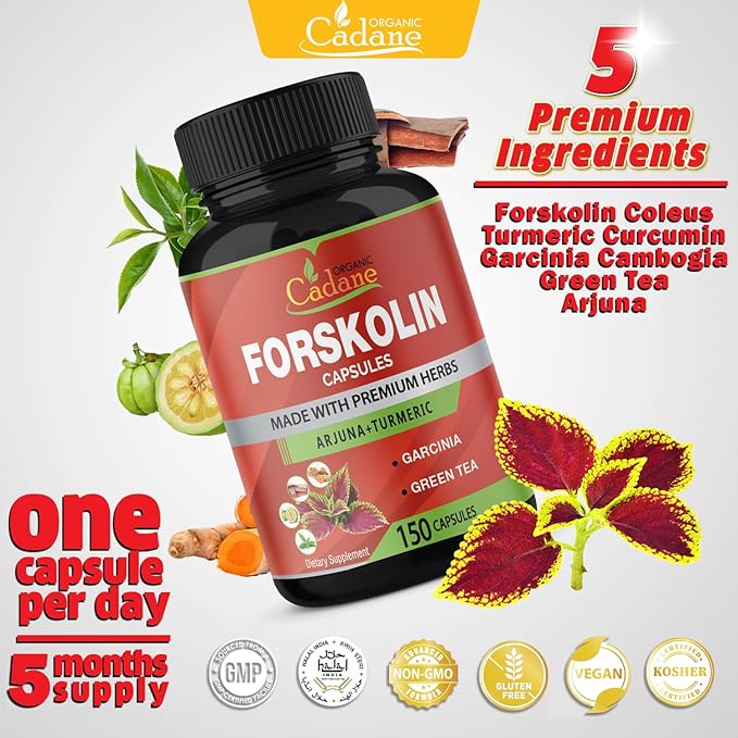 Organic Cadane Forskolin Supplements - 5in1 with Turmeric Curcumin, Arjuna, Garcinia Cambogia, and Green Tea - 5 Month Supply - 150 Capsules