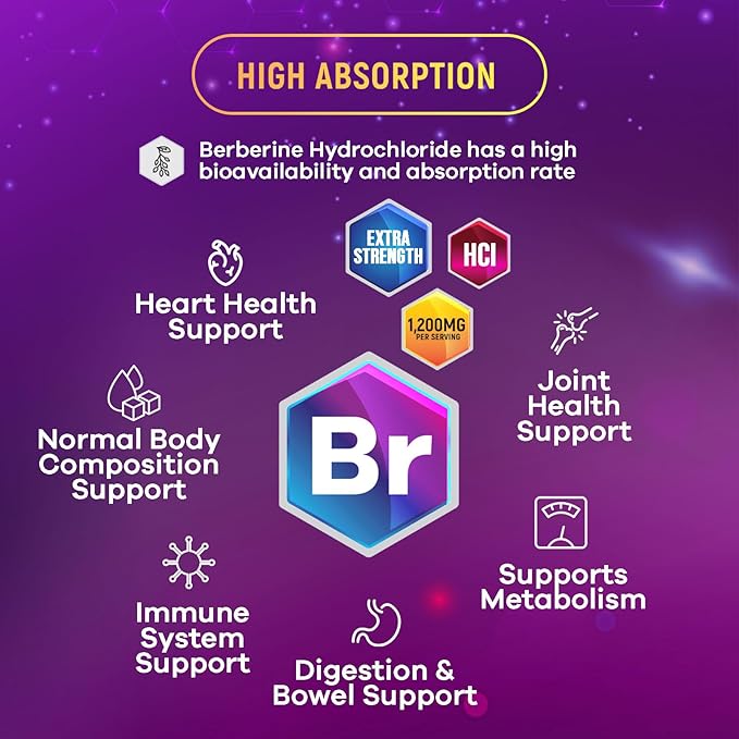 Premium Berberine HCL 1200mg Supplement - Berberine HCI Capsules High Absorption Supplement for Heart Health & Immune Support, High Strength, Gluten-Free, Vegan, Non-GMO Pills - 120 Veggie Capsules