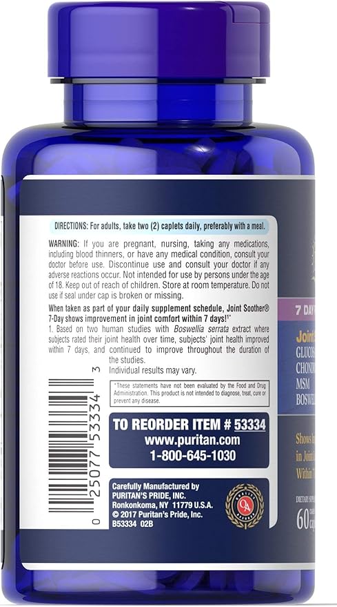 Puritan's Pride 7 Day Formula Joint Soother Glucosamine, Chondroitin, MSM & Boswellia-60 Caplets