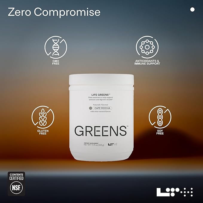 LTH Life Greens - Premium Superfood Powder with Probiotics, Enzymes, Phytonutrients & Fiber from Over 40 Fruits & Vegetables - Supports Antioxidants & Immune Health - Cafe Mocha, 11.75 oz